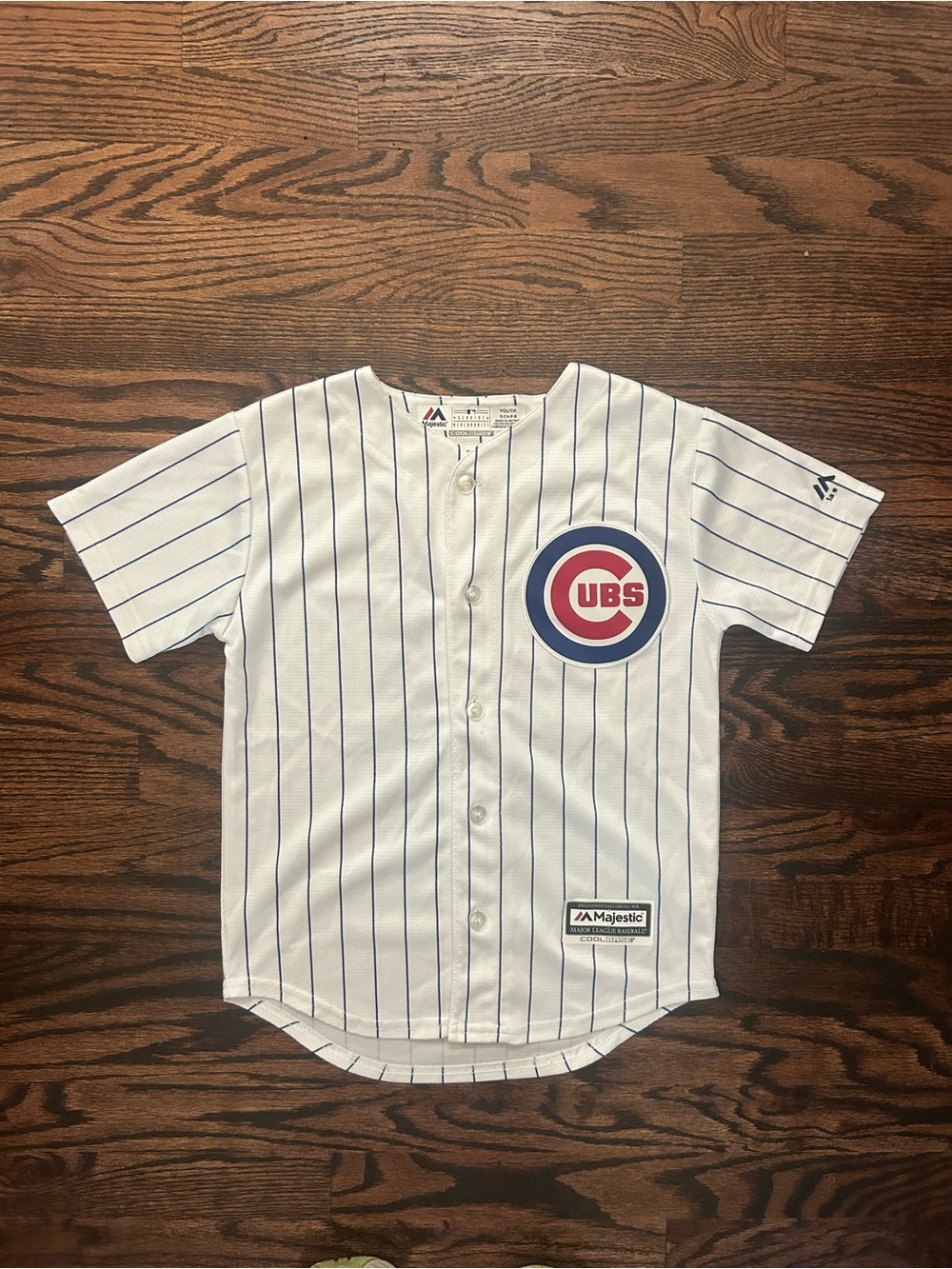 Majestic White Pinstripe Rizzo #44 Youth Baseball Jersey with Blue-Red Trim - Picture 2 of 9